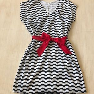 Everly Black and White Striped Dress with Red Sash